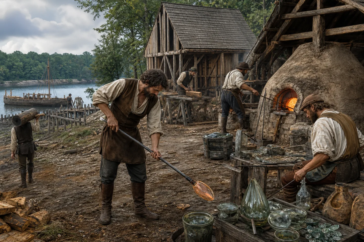 German craftspeople working with furnaces and timber at early Jamestown