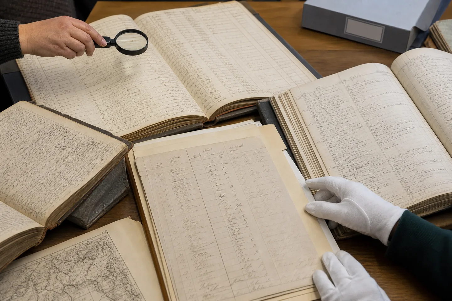 Passenger ledger being compared with church and land records