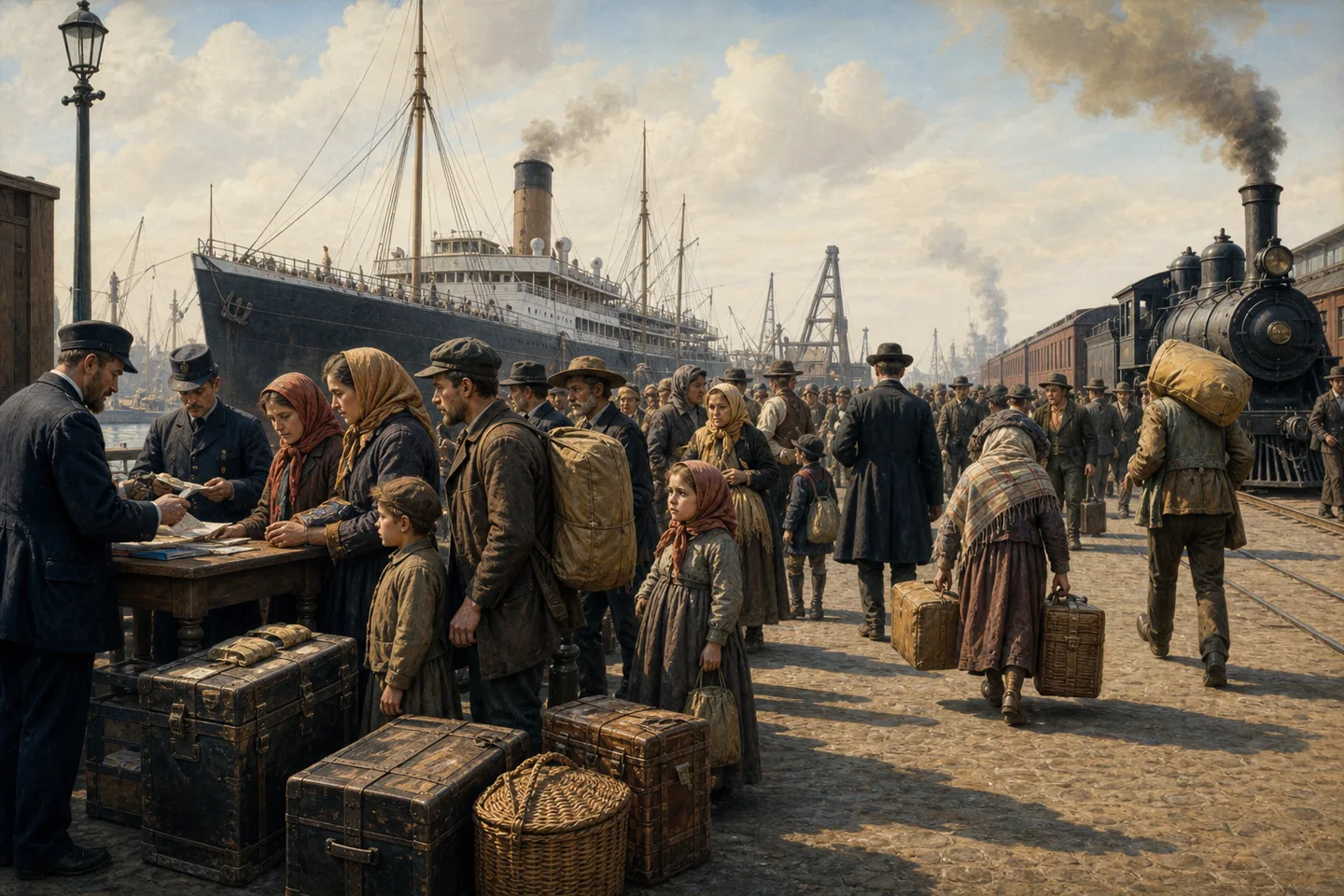 German immigrant families moving from an American port toward rail connections