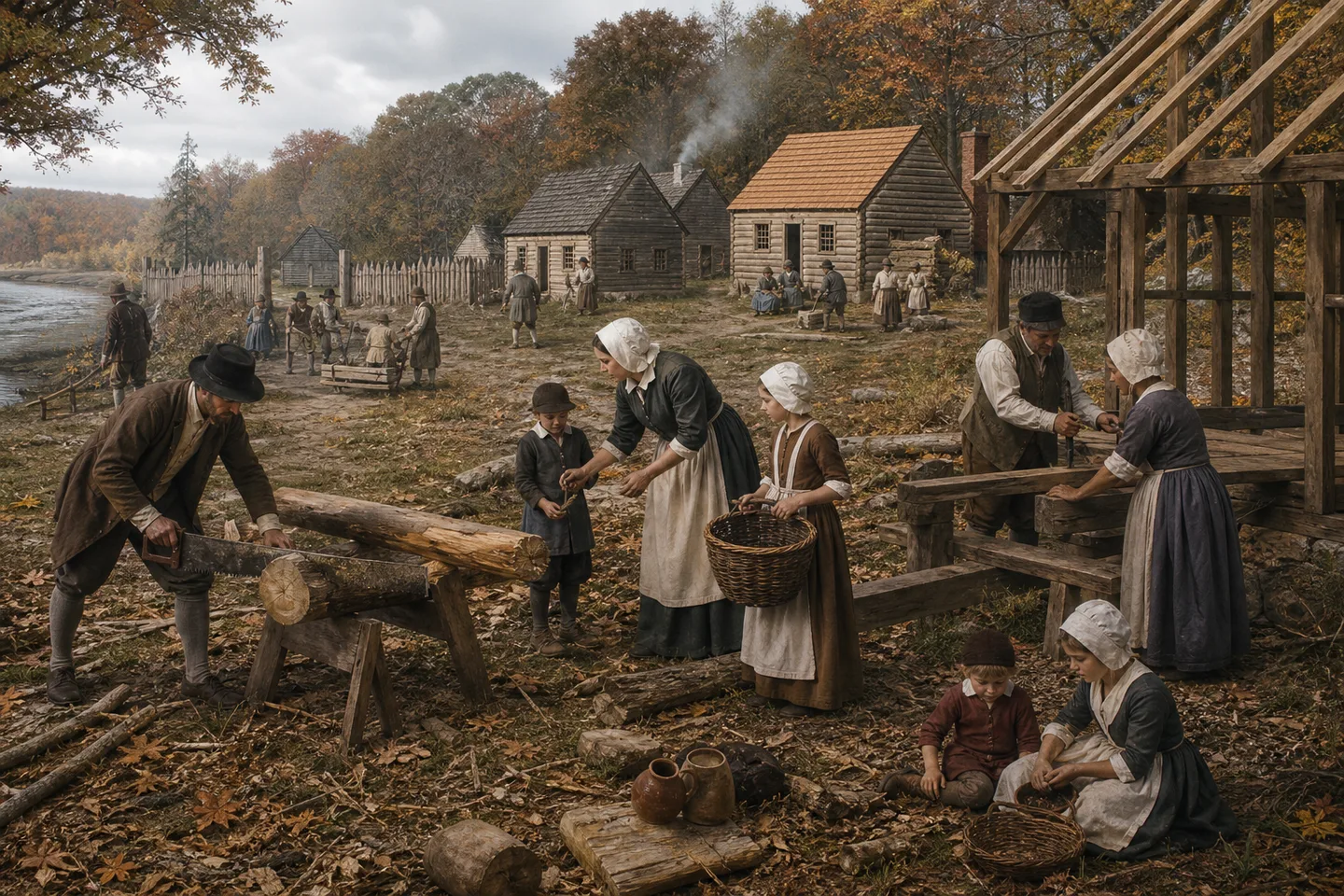 German-speaking families building an early Pennsylvania settlement