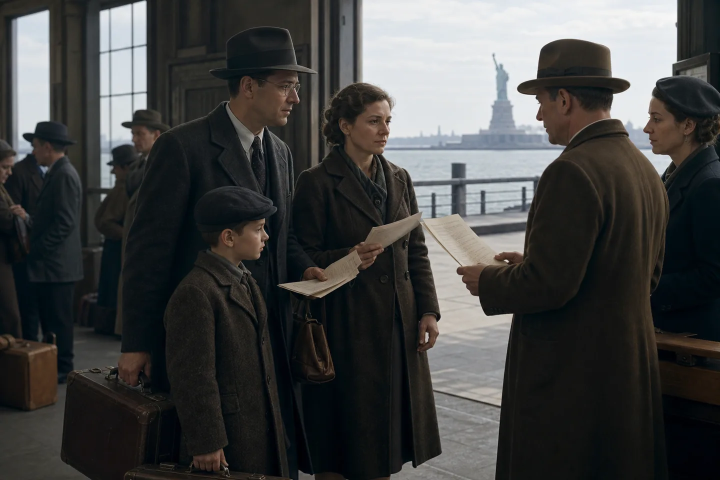 Late-1930s refugee family arriving with suitcases and immigration papers