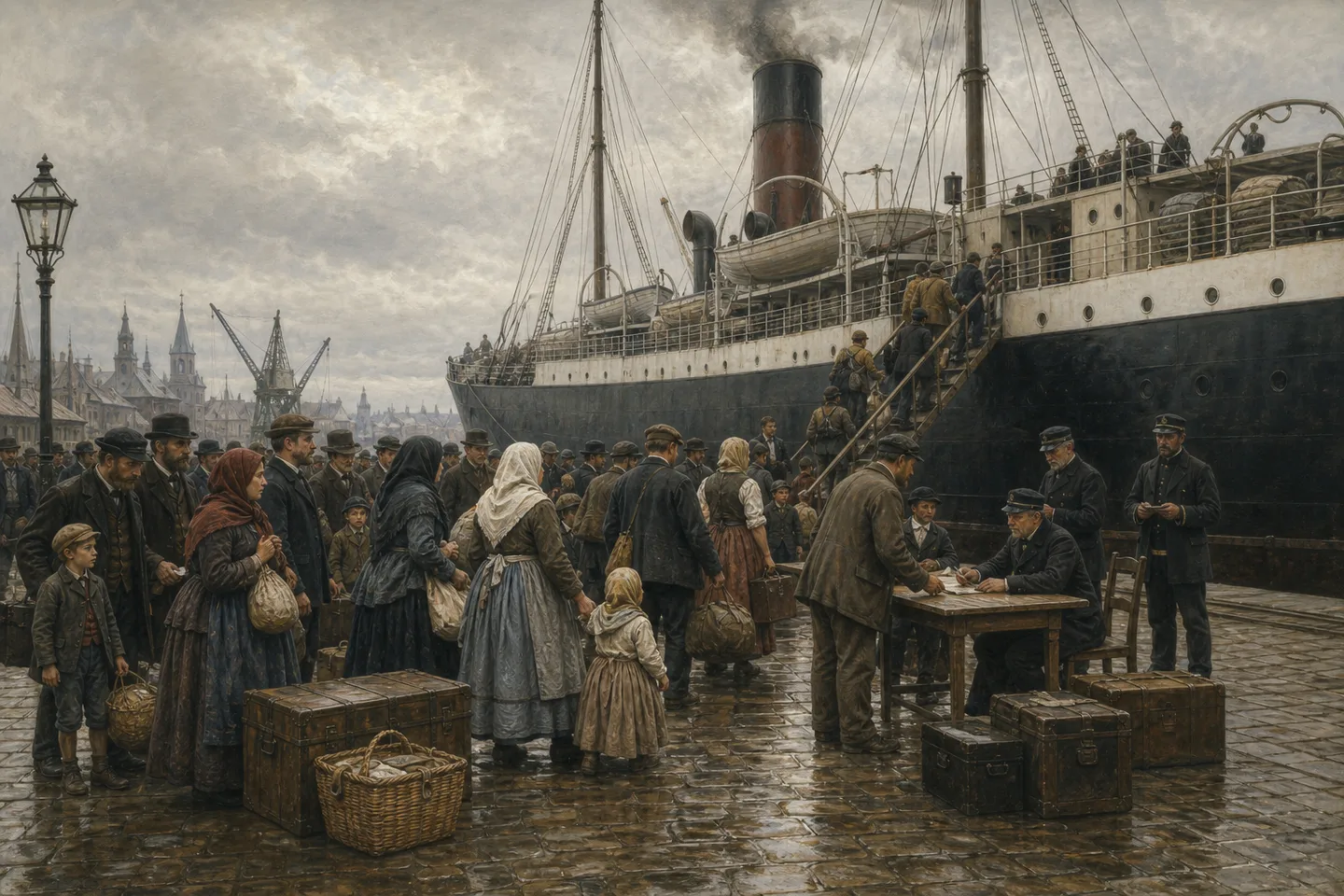 Nineteenth-century emigrant families boarding an Atlantic steamship