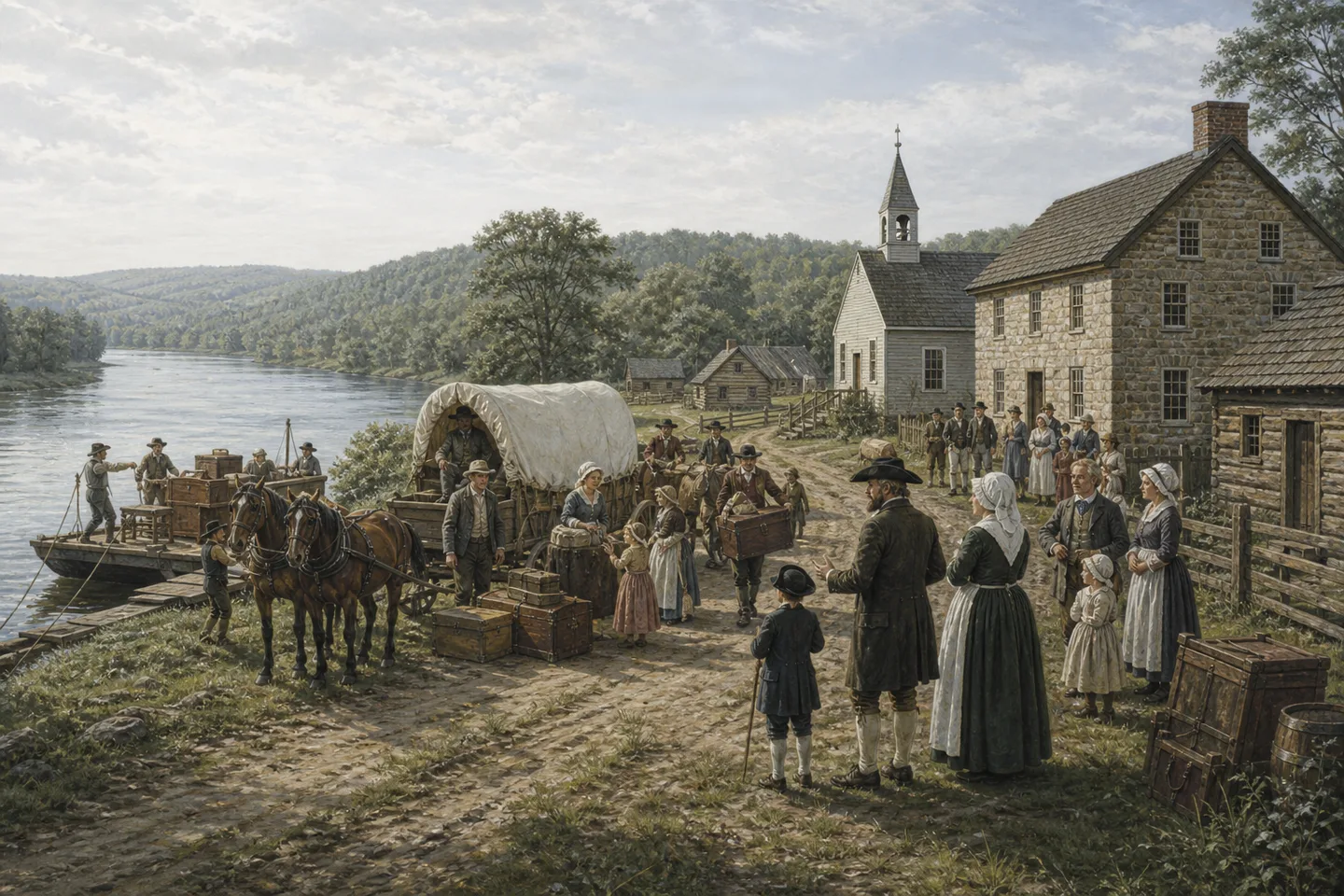 Colonial German-speaking families joining an established Pennsylvania settlement