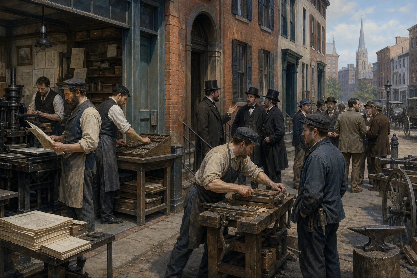 German political refugees working and participating in an 1850s American city