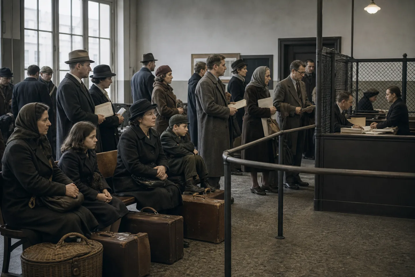 Late-1930s German-speaking refugees waiting in an immigration processing room