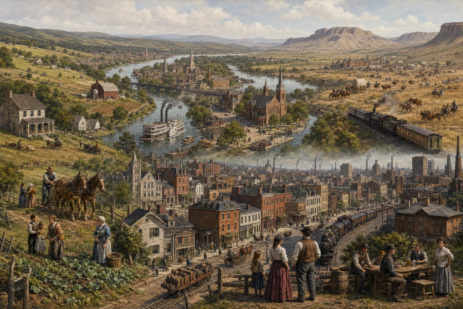 Historical panorama of German immigrant settlement from Pennsylvania through river cities, farms and western regions