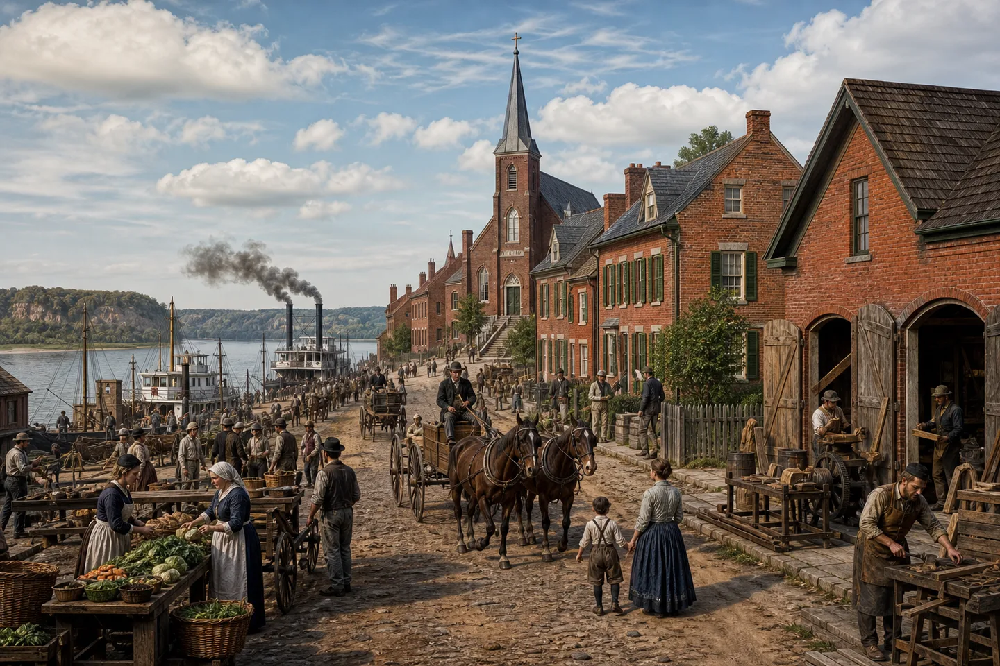 German immigrant neighborhood in a nineteenth-century Midwestern river city