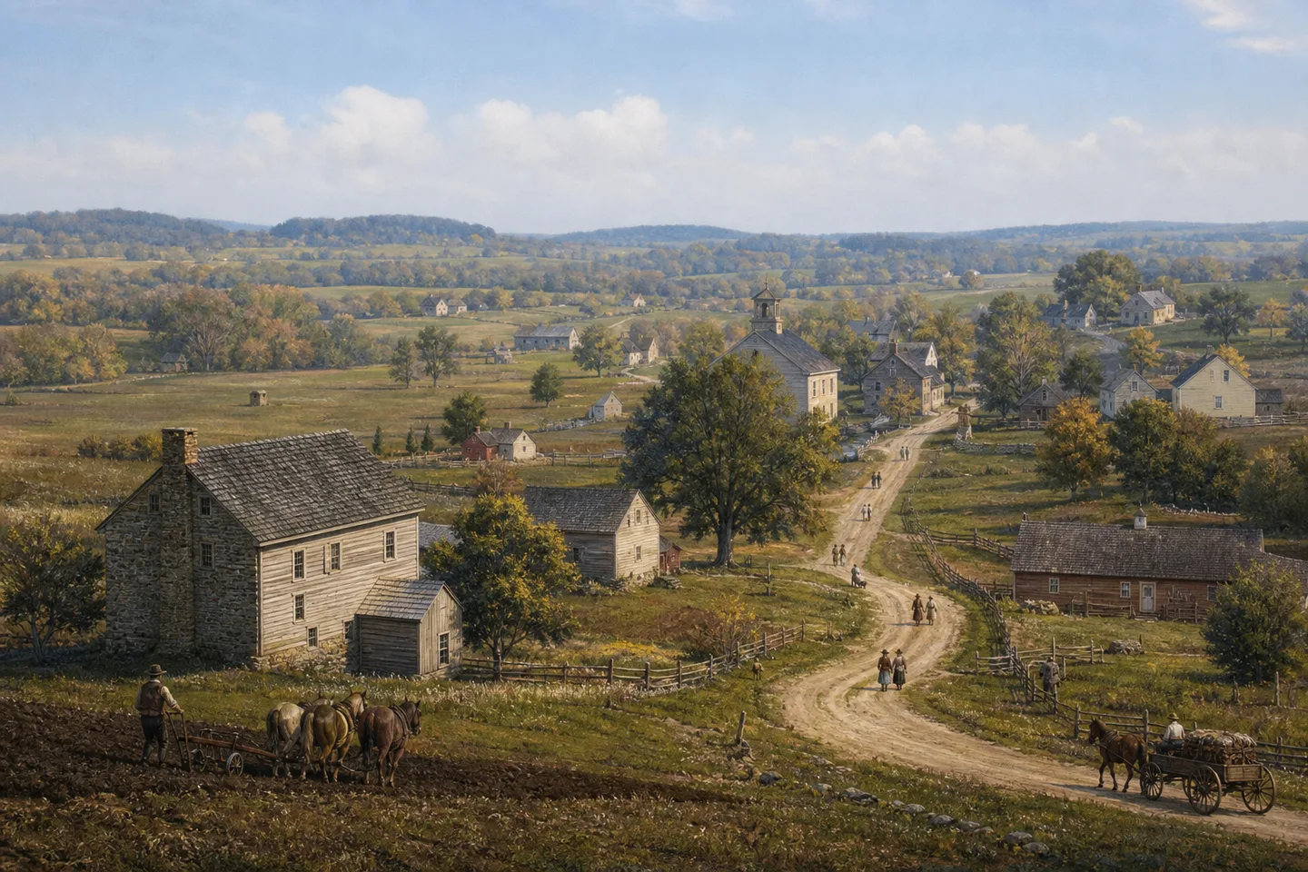 Pennsylvania German farms, meetinghouse and print shop linked by a local road