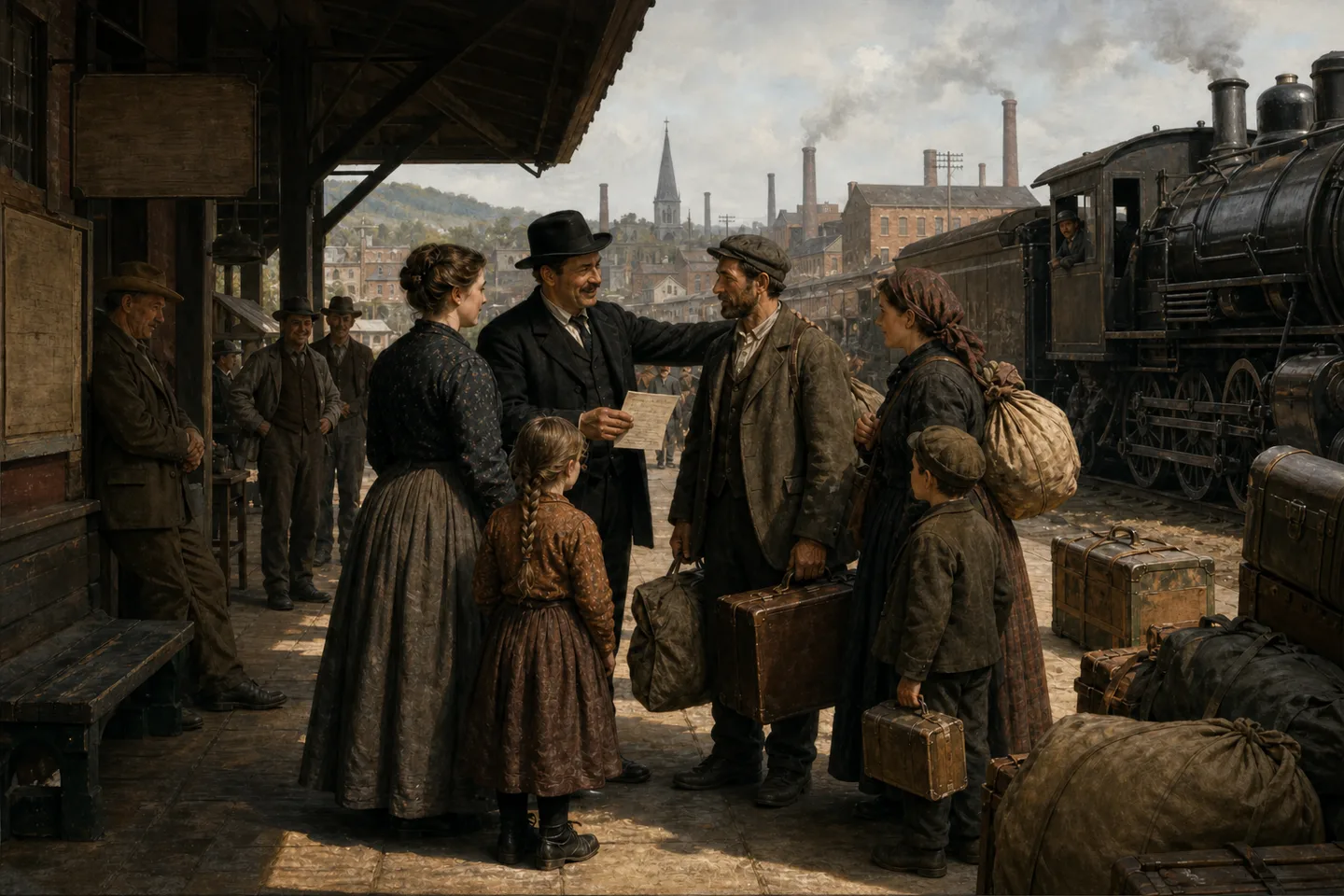 Established immigrant family welcoming newly arrived relatives at a railway platform