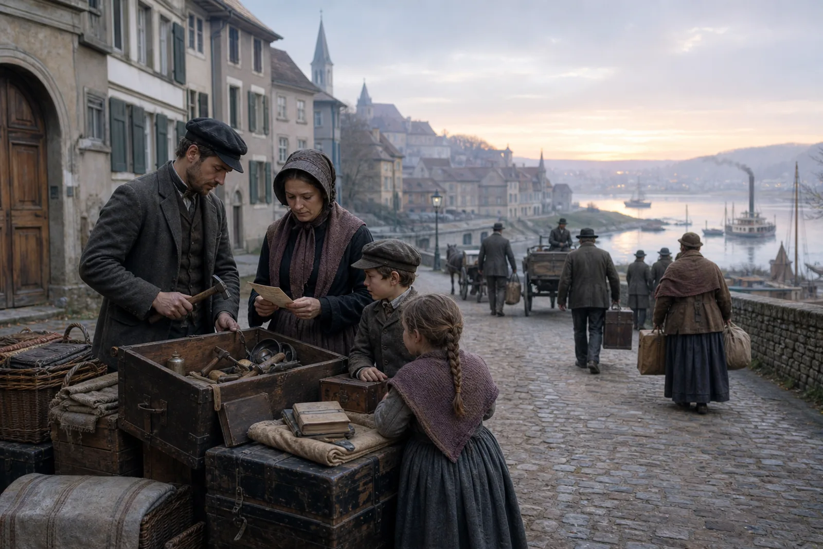 German family preparing trunks, tools and papers before emigrating from a nineteenth-century town