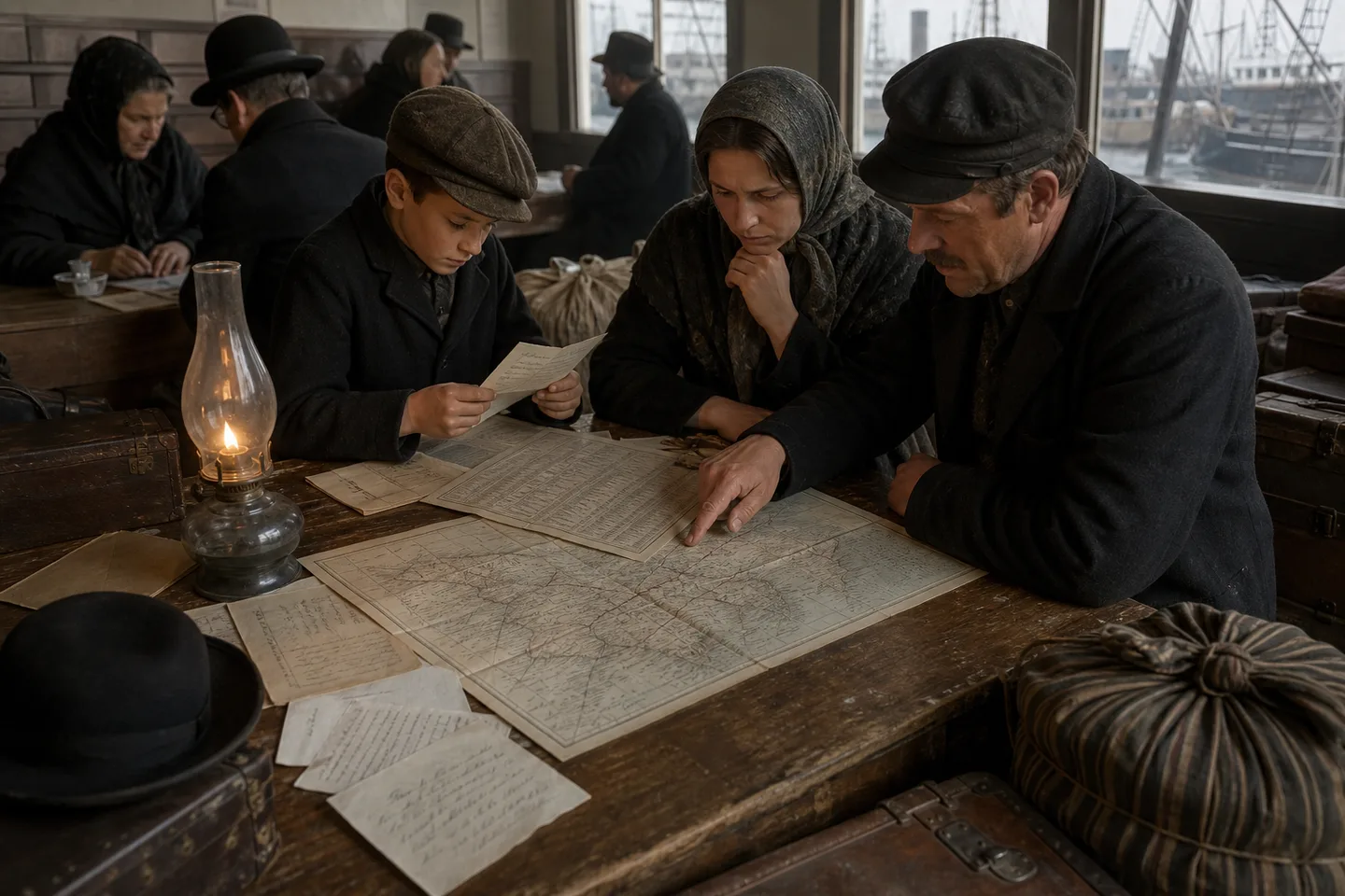 Emigrants comparing family letters and travel routes before departure