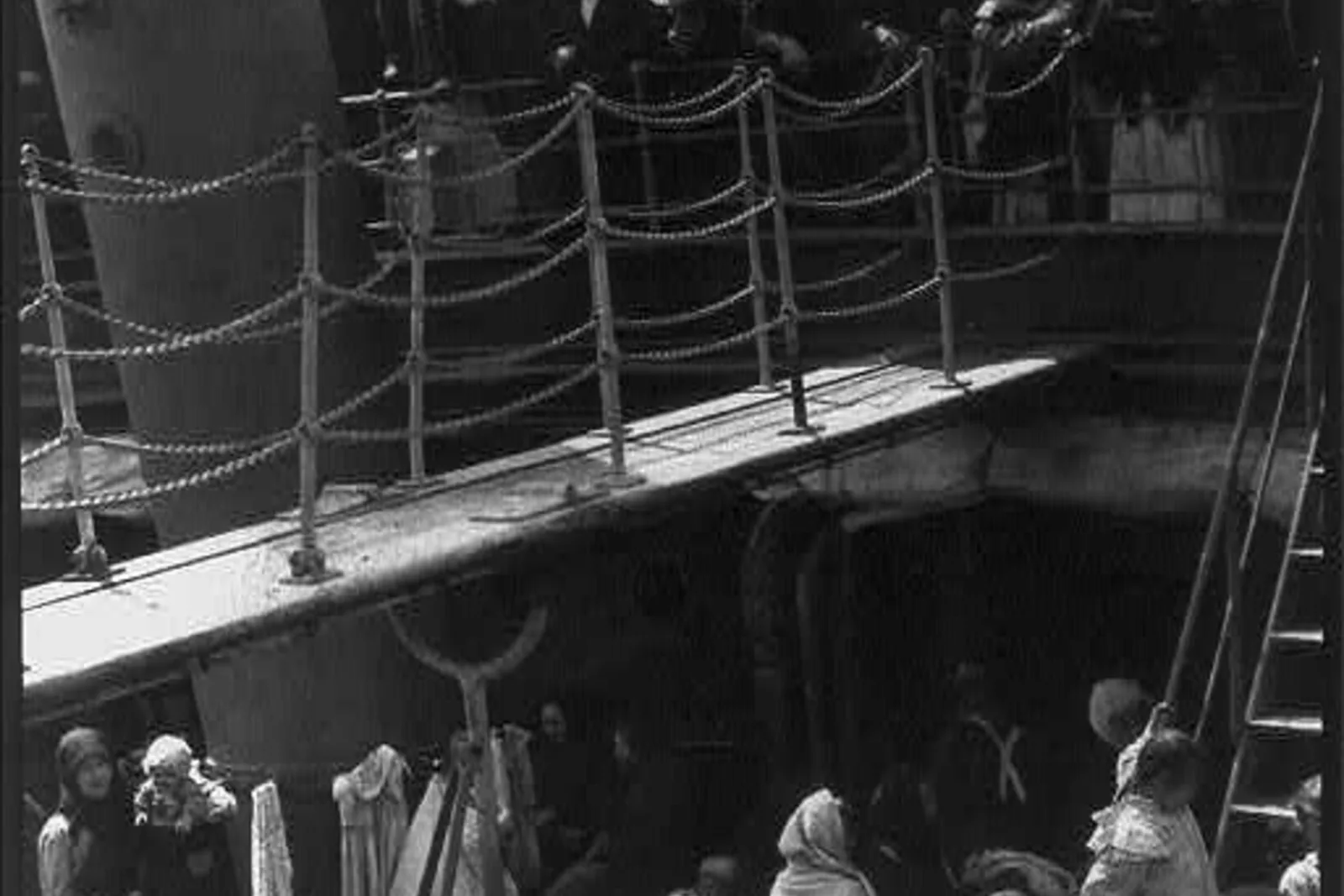 Passengers crowded on the steerage deck of an ocean liner