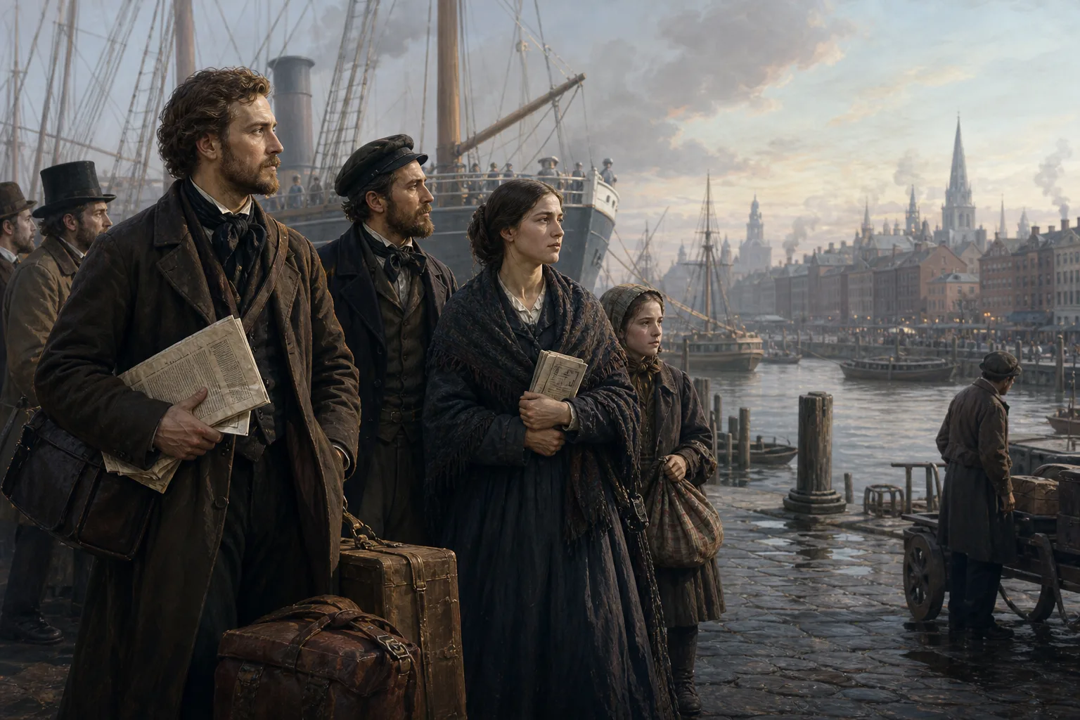 Editorial illustration of German political exiles and families arriving at an American harbor after 1848
