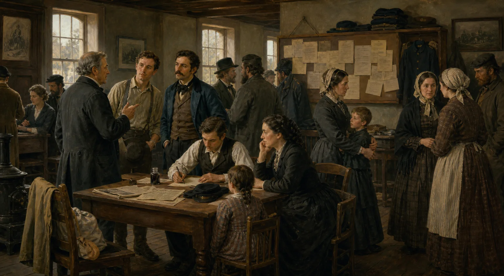 Editorial illustration of a German-speaking community debating enlistment and family consequences in 1861