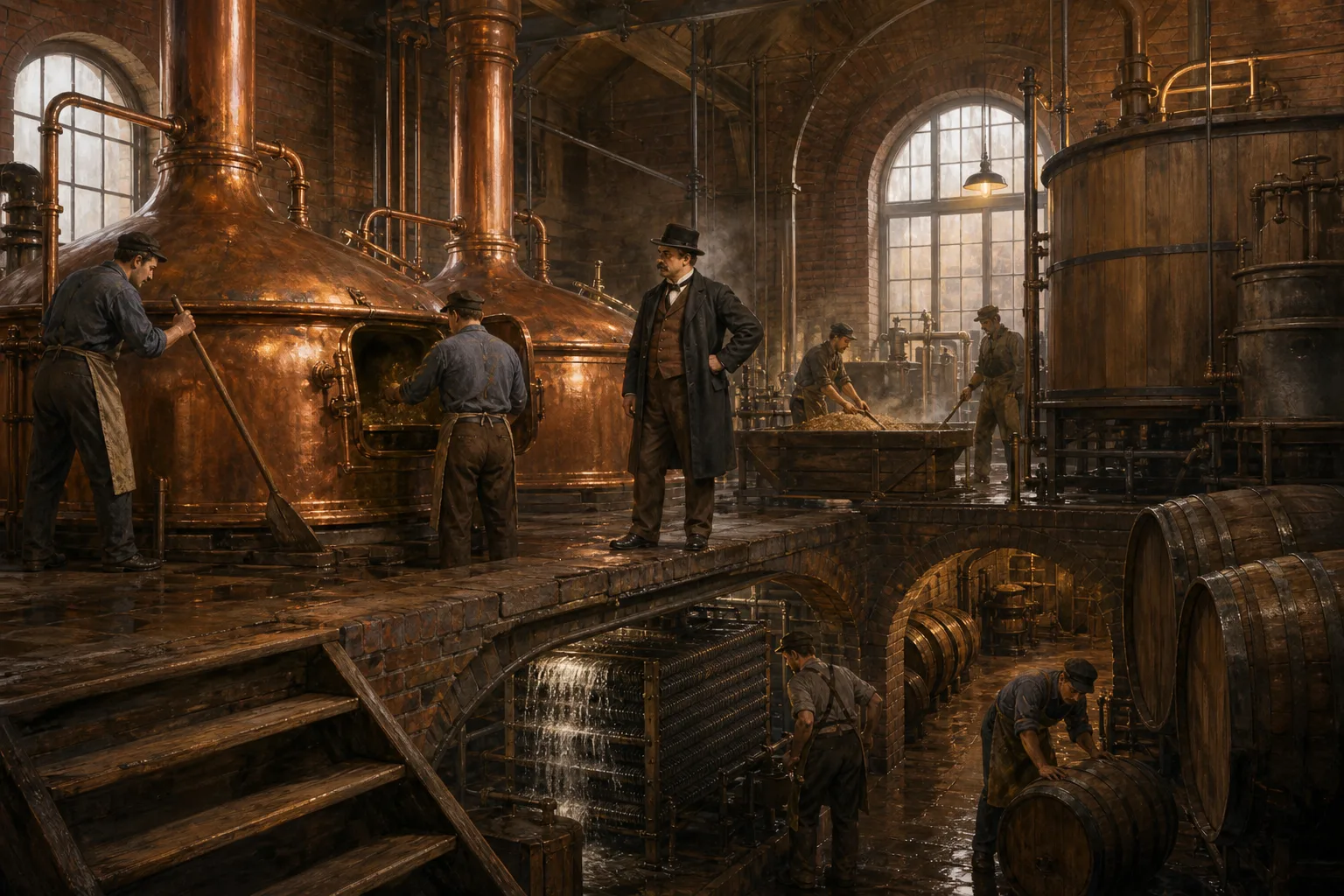 Editorial illustration of workers inside a late nineteenth-century American lager brewery