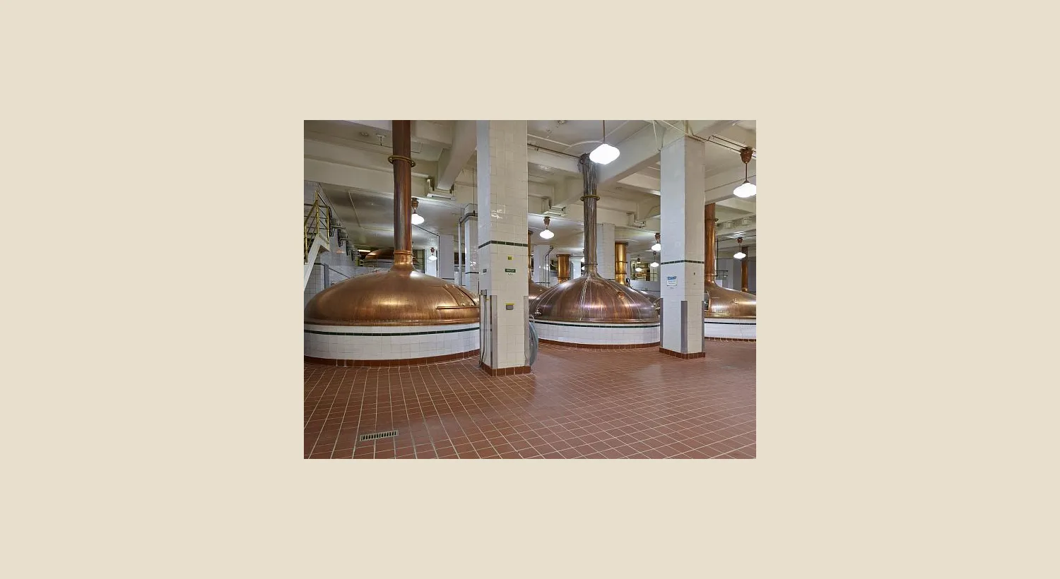 Industrial brewing equipment and copper kettles in a large American brewery