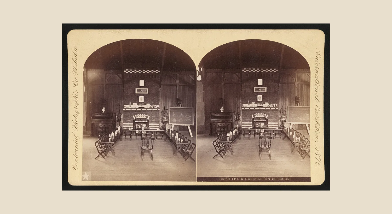 Interior of a kindergarten exhibit at the 1876 Centennial