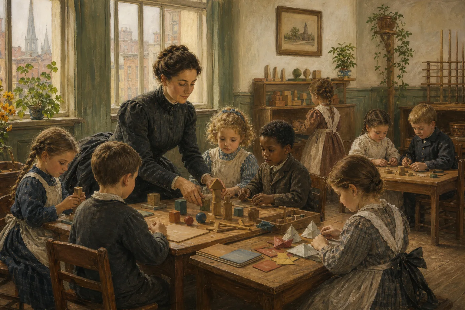 Editorial illustration of a nineteenth-century kindergarten classroom using Froebel-inspired materials