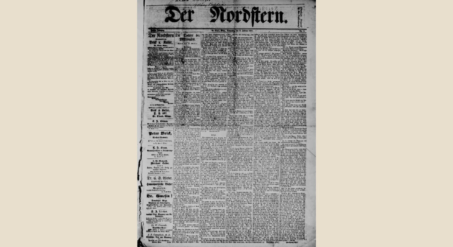Front page of the German-language newspaper Der Nordstern from 1876