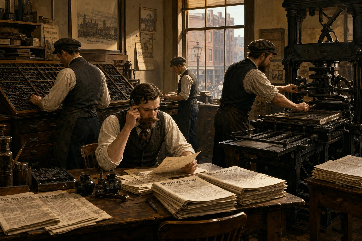 Editorial illustration of a nineteenth-century German-American newspaper office