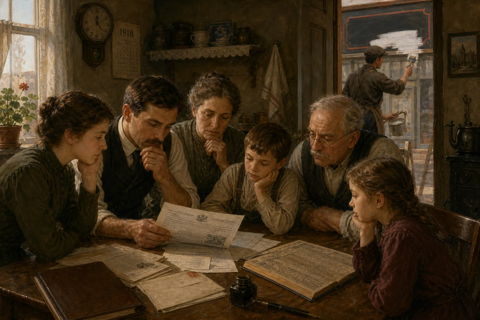 Interpretive illustration of a German-American family comparing names across early twentieth-century records
