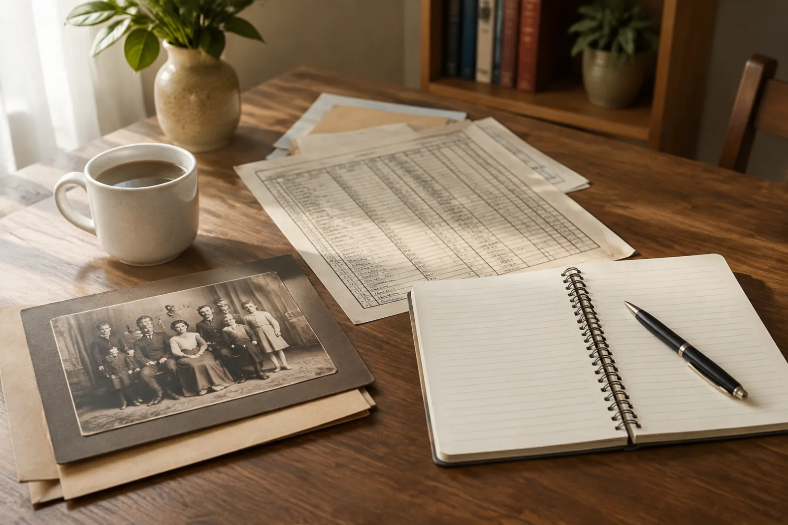 Old family photograph, census page and blank research notebook arranged on a table
