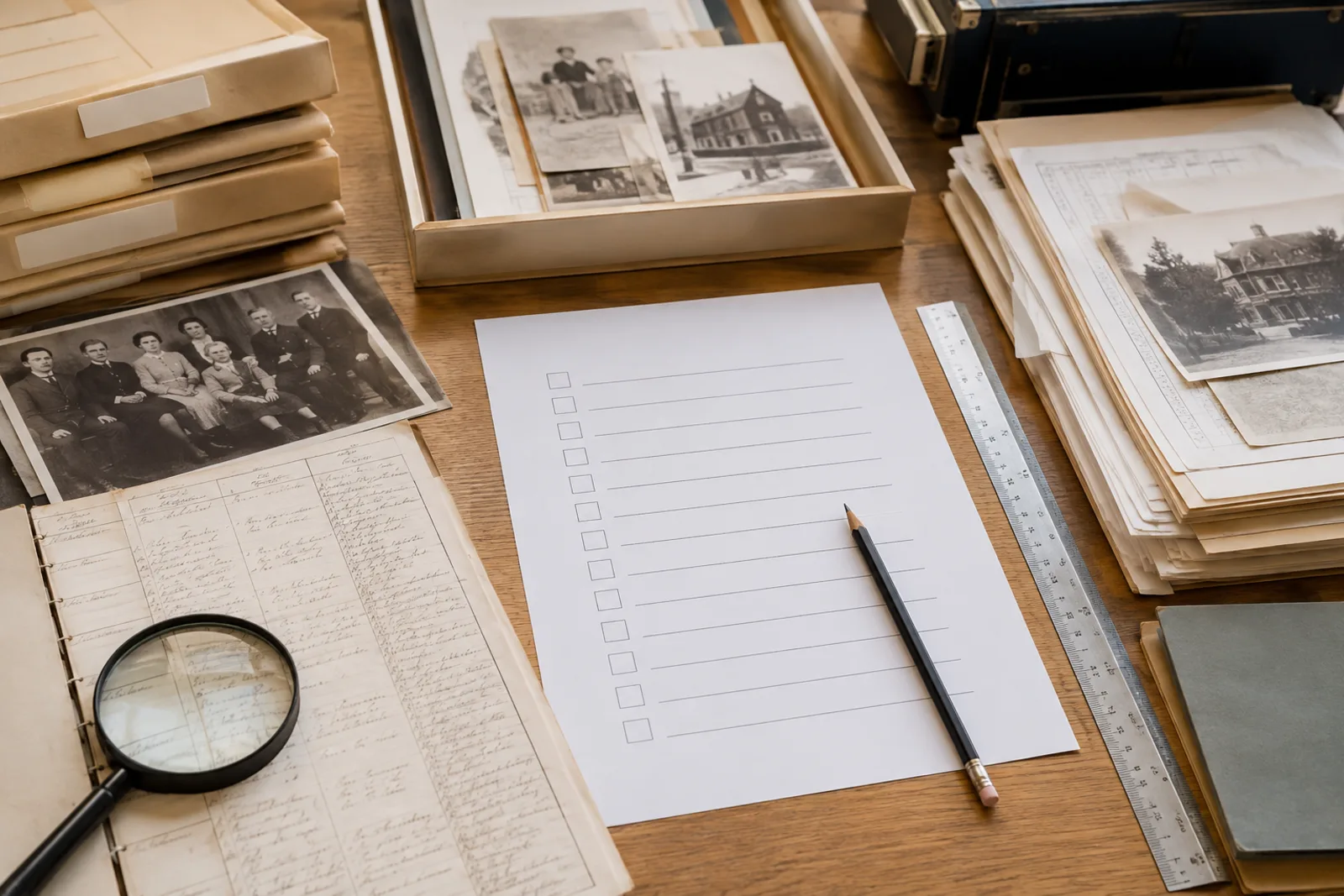 Blank checklist surrounded by record copies, folders, pencil, ruler and magnifier