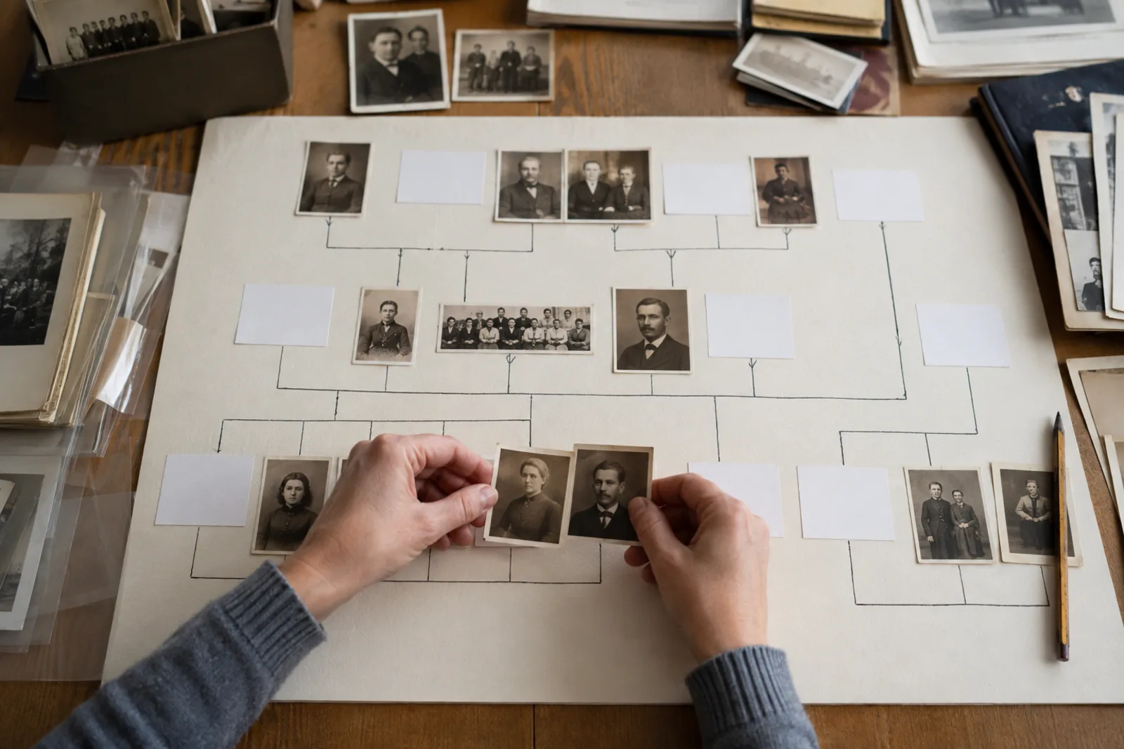 Hands placing family photographs into a carefully drawn family-tree structure