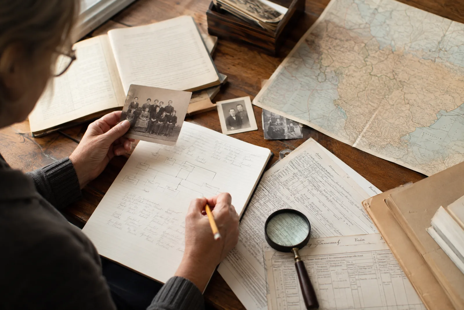 Researcher comparing family photographs, records and a historical map