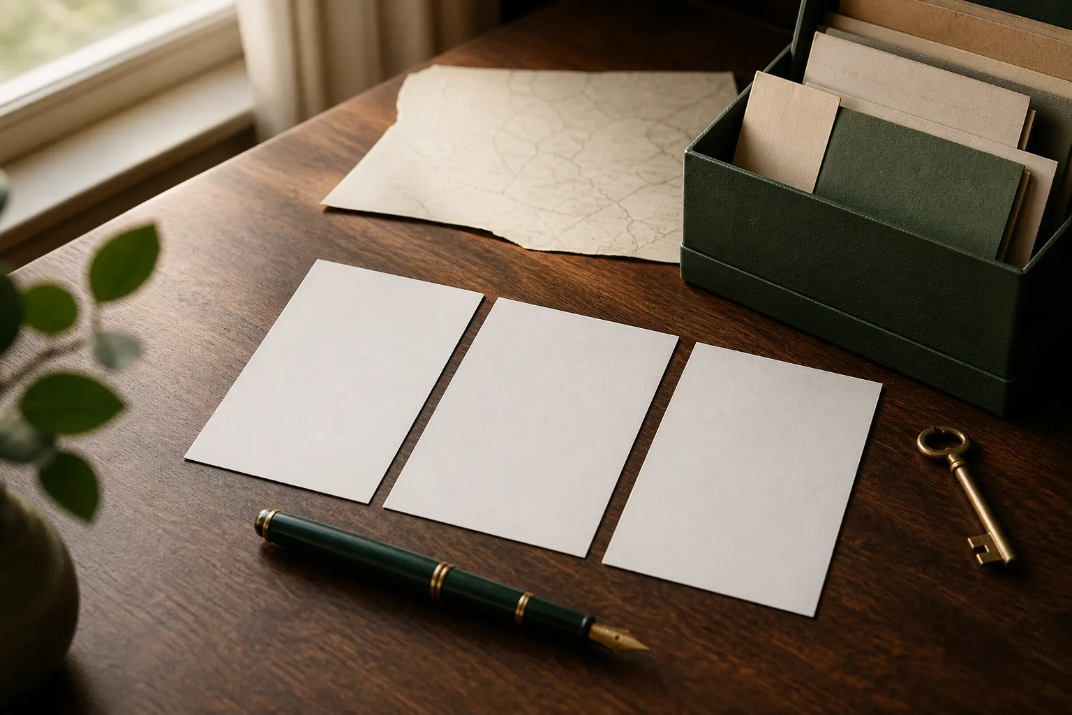 Notebook with family evidence arranged beside several increasingly precise identity descriptions