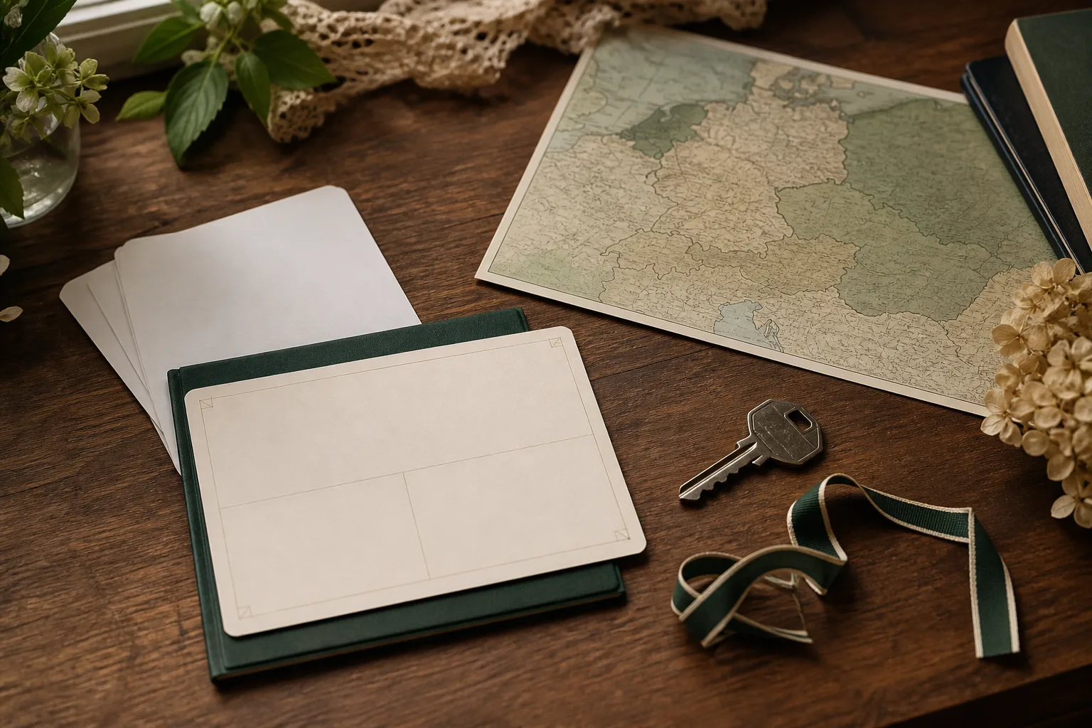 Blank family cards, Central European map, American house key and green keepsake ribbon