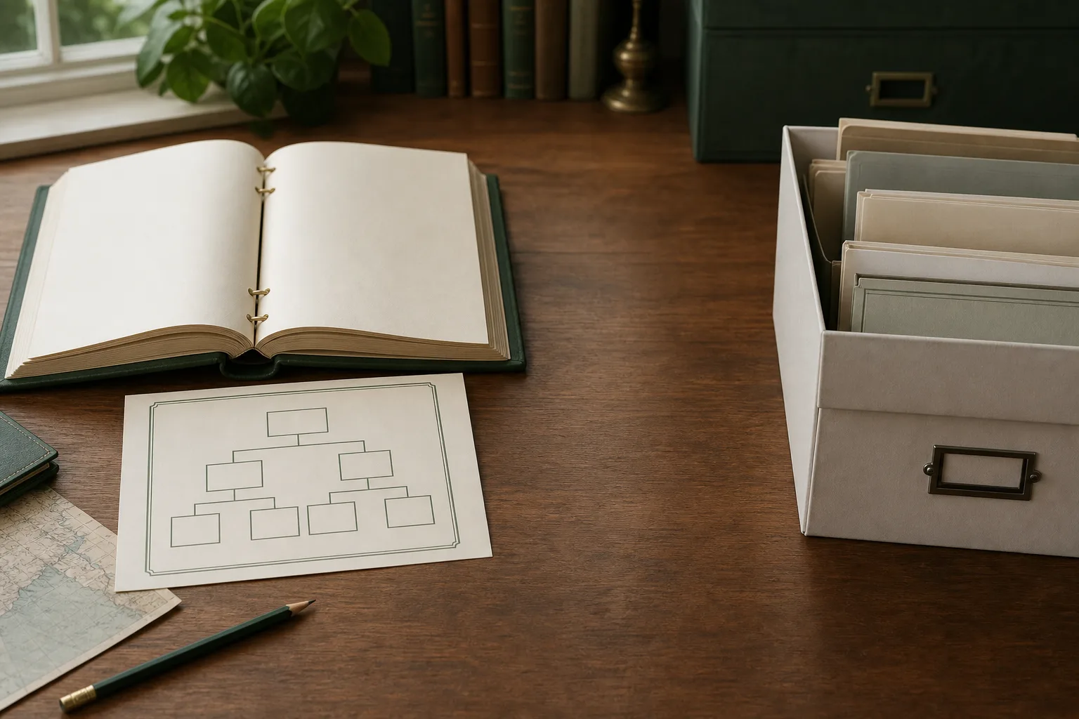 Blank family album and family-tree card separated from an official-record archive box