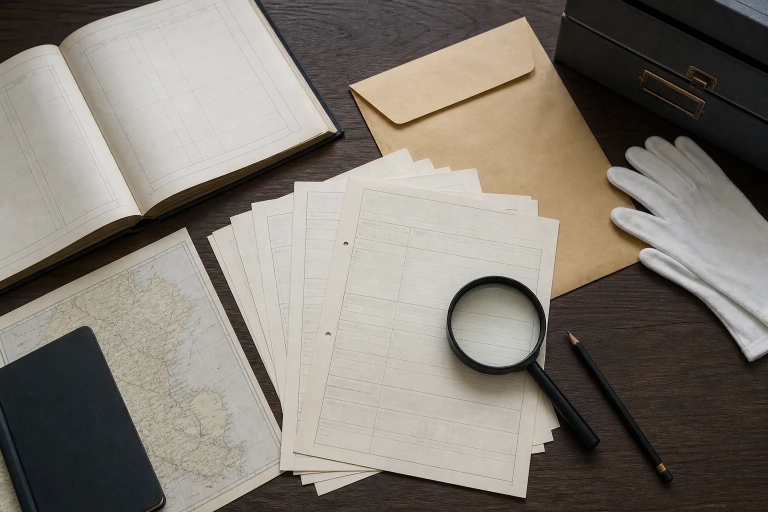 Blank archival forms, map, magnifying glass and cotton gloves arranged for family-history research