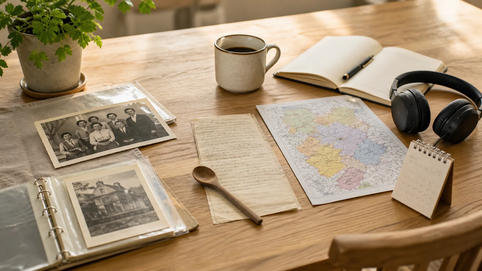 Family photograph, recipe, regional map, headphones and calendar arranged as small heritage projects