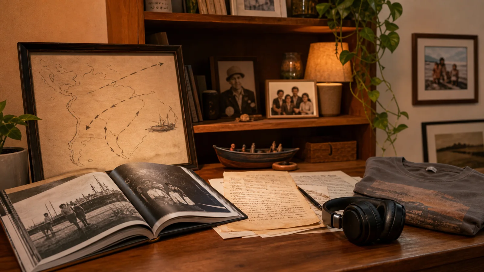 Migration map, captioned photo book, preserved recipe, headphones and folded heritage shirt in a home display