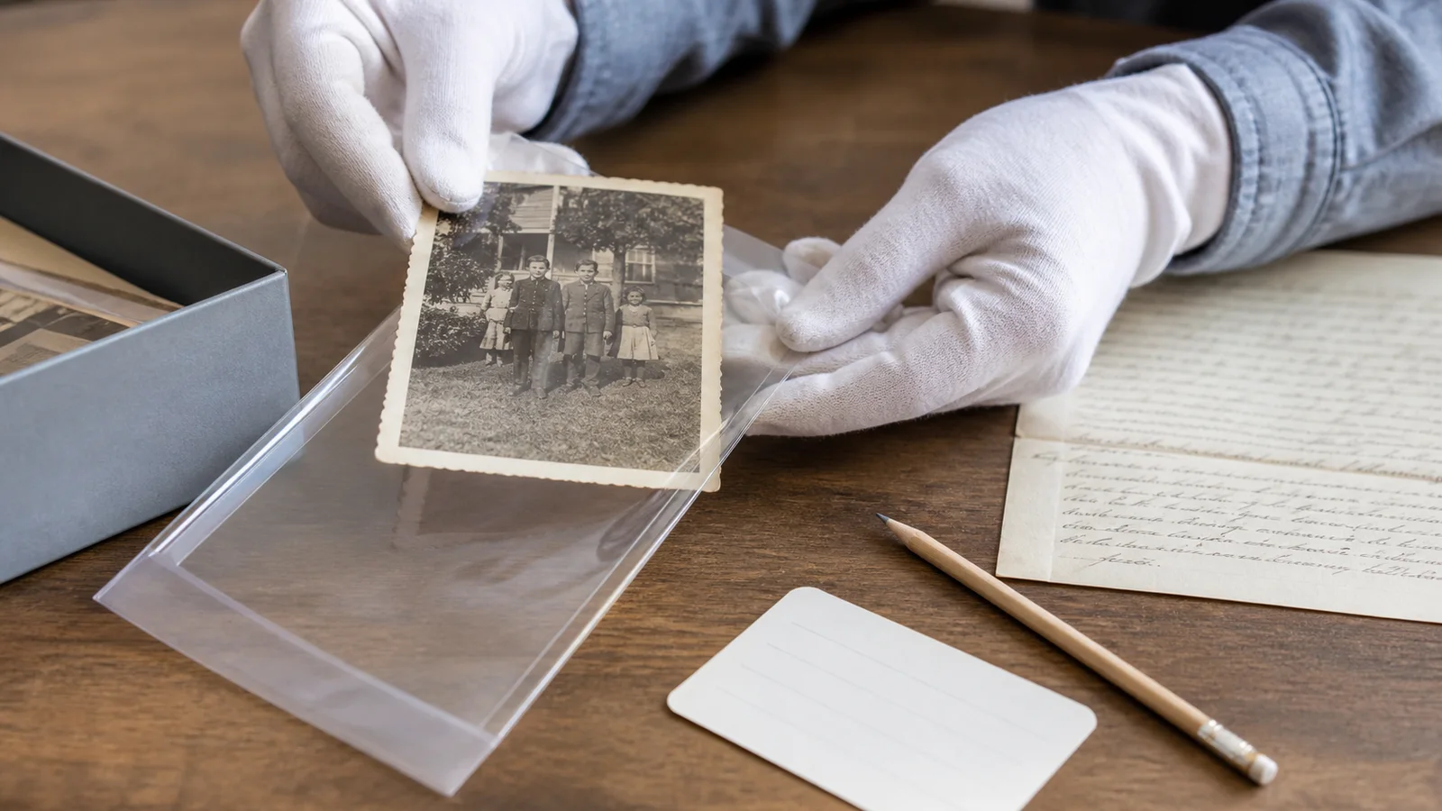 Family photograph being copied and stored with a preservation note