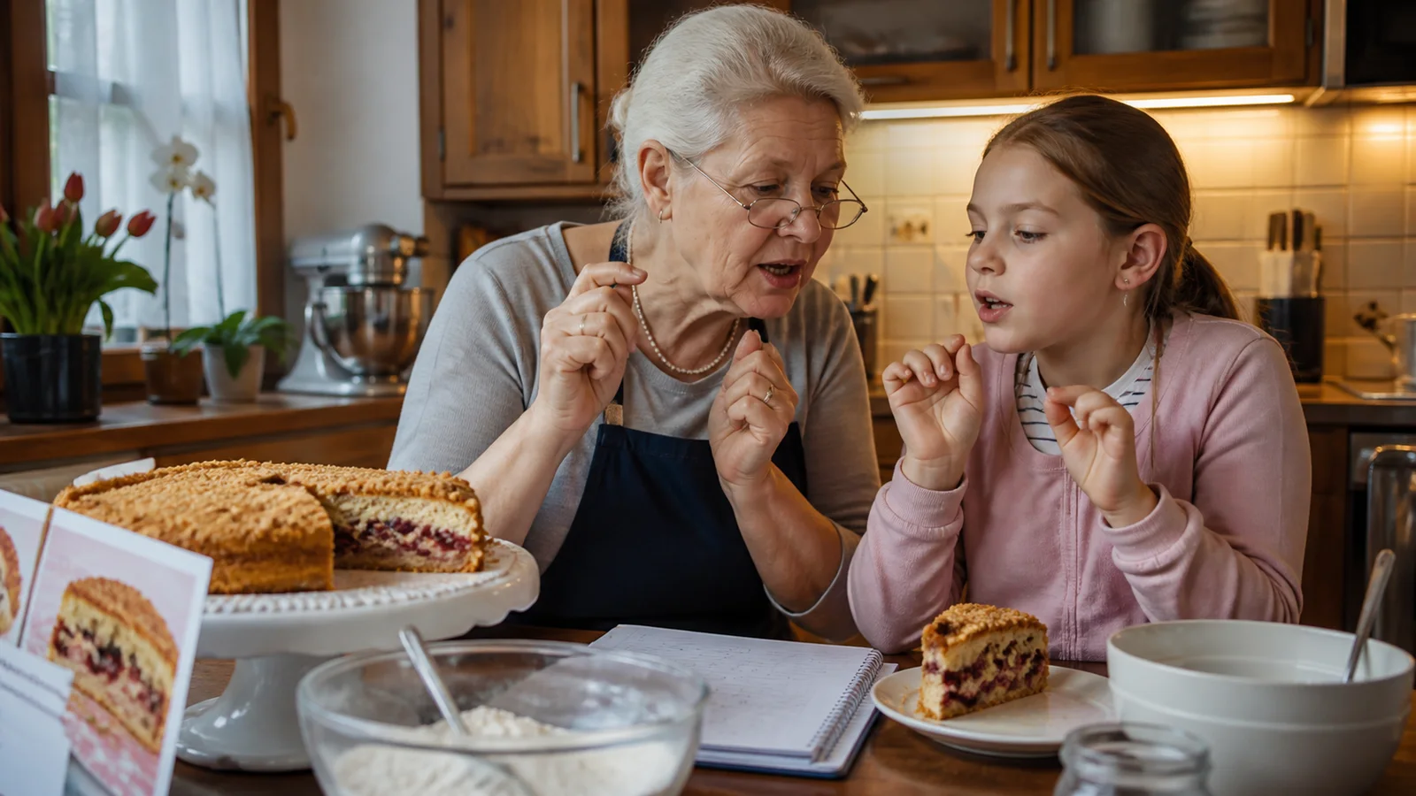 Grandmother and child practicing a phrase while baking from a recipe together
