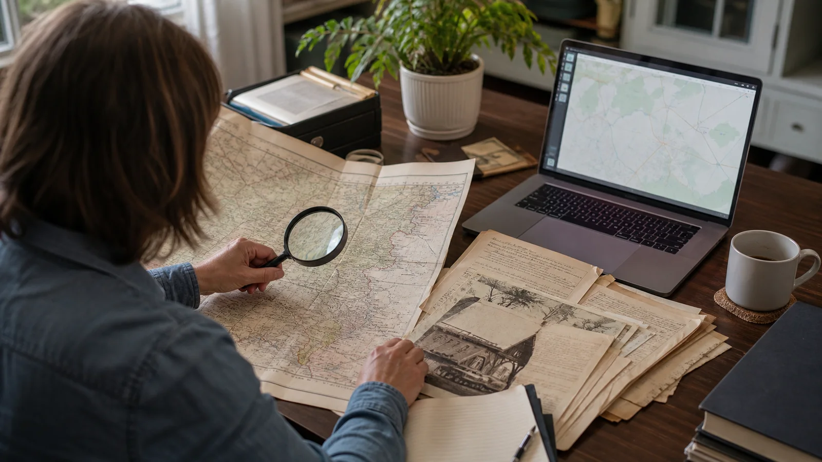 Researcher comparing an unfolded regional map with archival records and a generic digital map