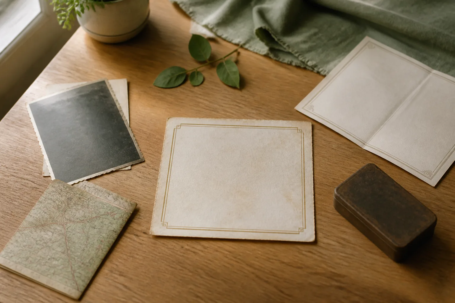 Blank family cards, map fragment and archive box arranged around one central research clue