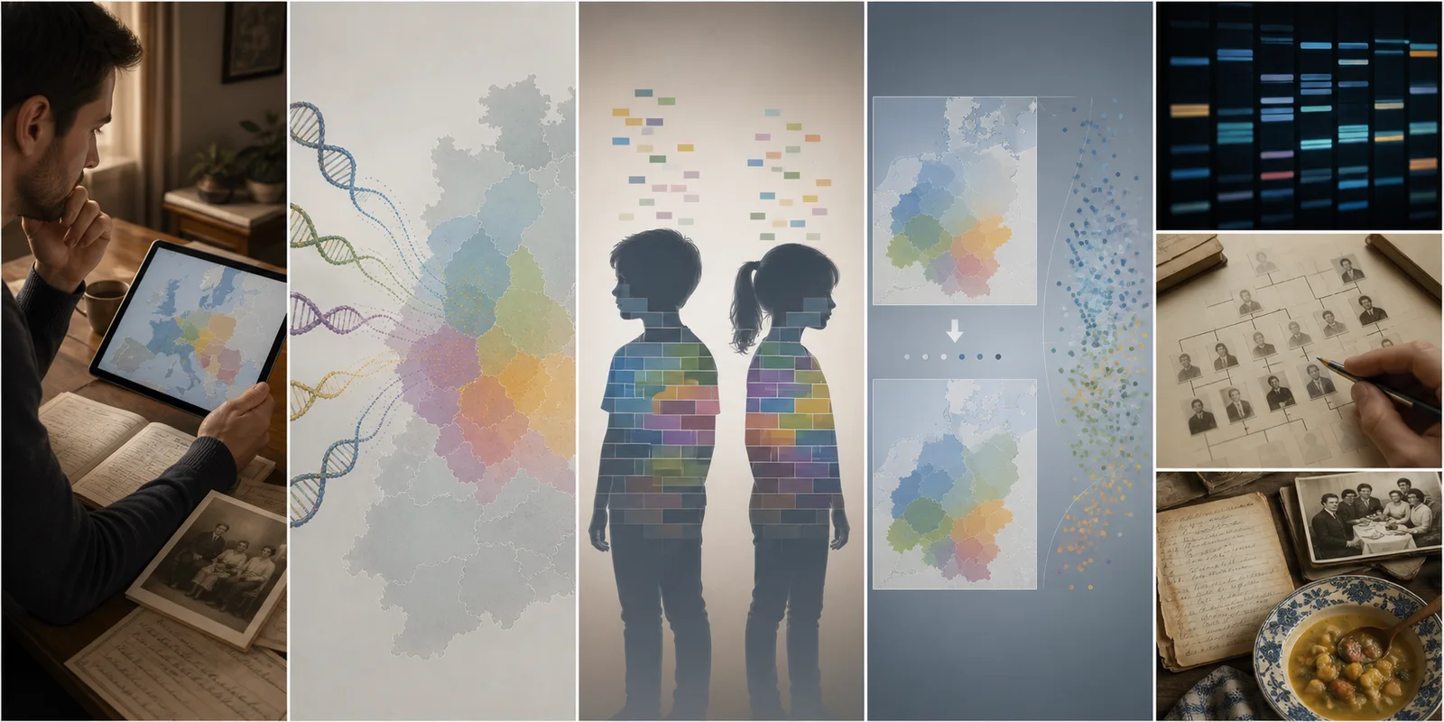 Five scenes comparing DNA ancestry estimates with inherited segments, family records and lived heritage