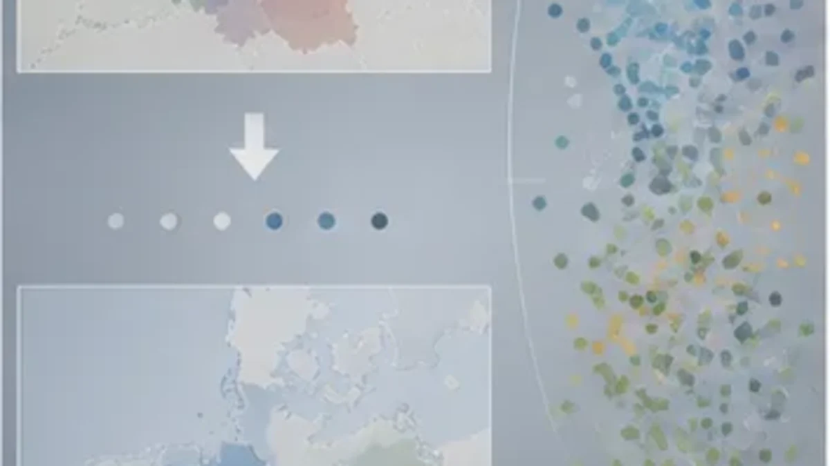 Two versions of a colored regional estimate connected by an update arrow and reference dots