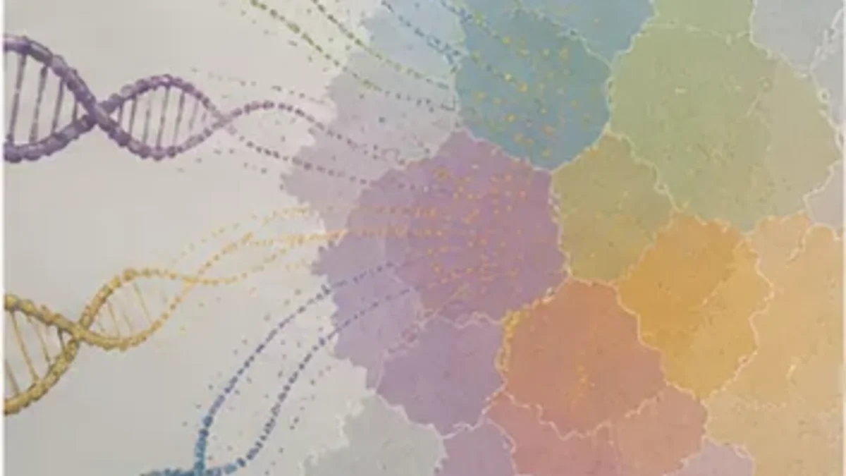 Abstract DNA strands flowing toward overlapping colored regions of Central Europe