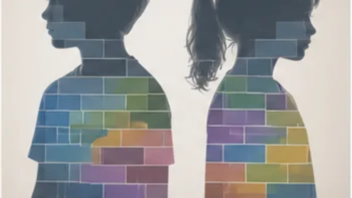 Two sibling silhouettes filled with different mosaics of inherited colored segments