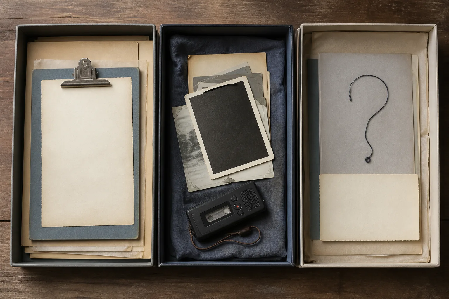 Record card, audio memory and uncertain clue kept in separate labeled groups