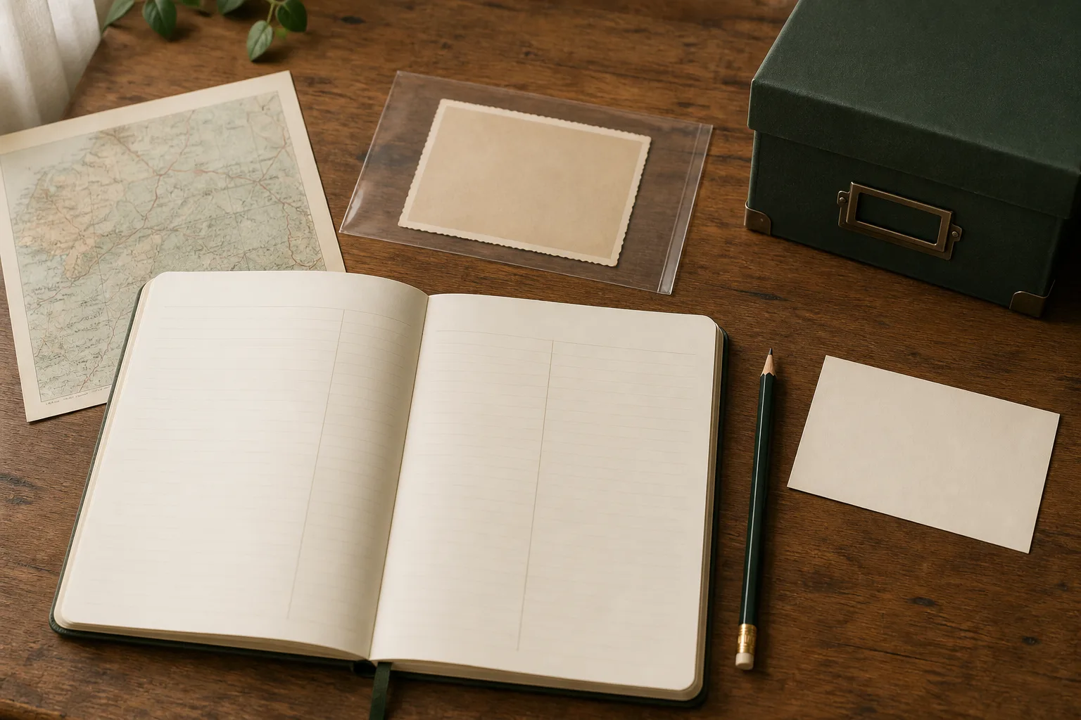 Blank archive index beside photographs, a pencil, map and storage box
