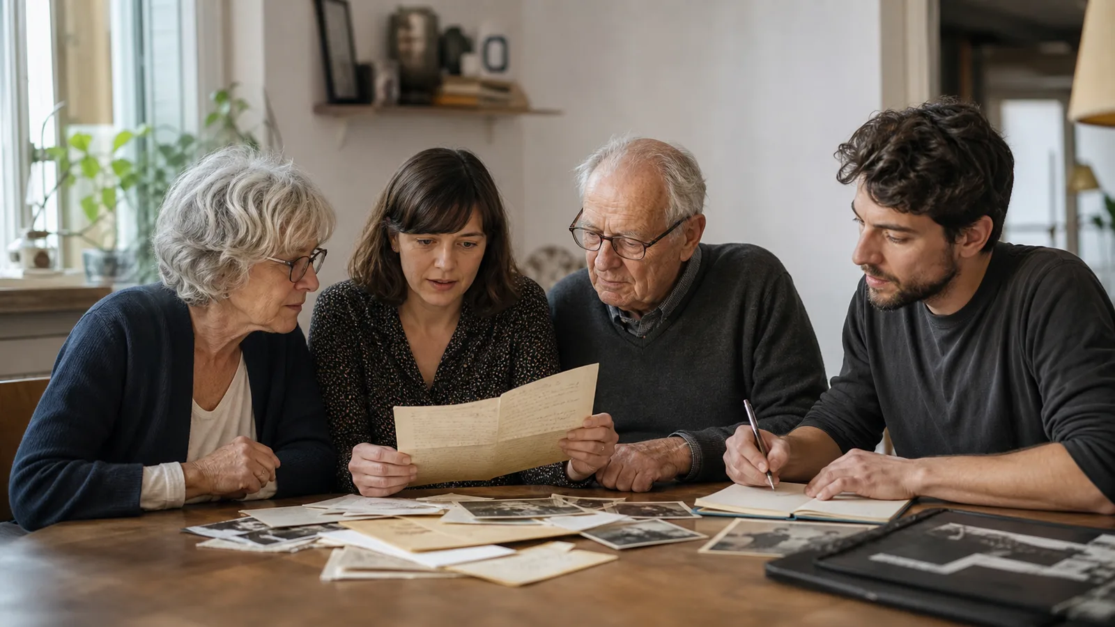 Three generations examining an old family letter while a younger relative records notes