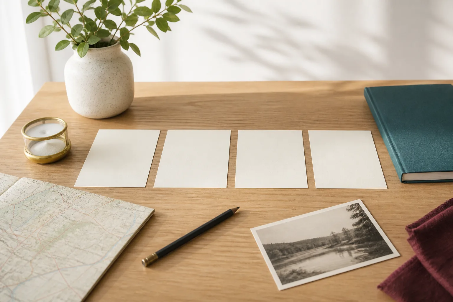 Four blank weekly cards arranged with a map, pencil and archive photograph