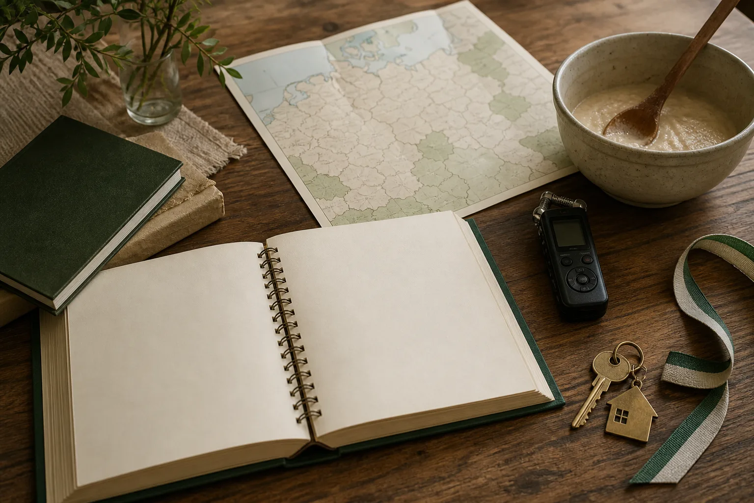 Blank family album, map, recipe bowl, audio recorder and American house key arranged on a wooden table