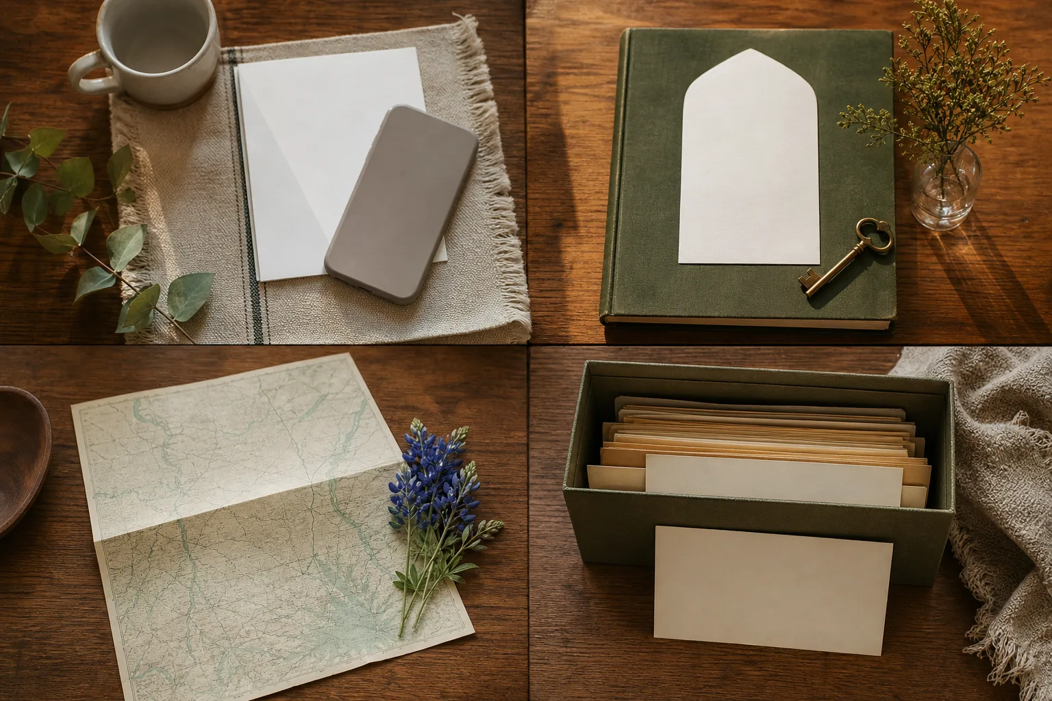 Four still-life scenes with a phone, community card, regional map and family archive box
