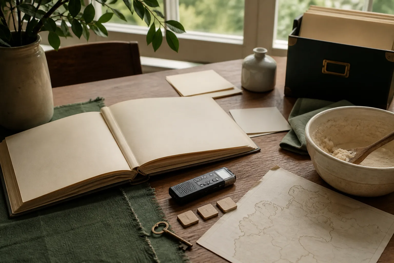 Blank family album, audio recorder, map, recipe bowl and house key on a family table